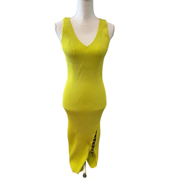 House of Harlow 1960 Ribbed Knit Maxi Dress Side Slit Ring Detail Neon Green M - Picture 1 of 8